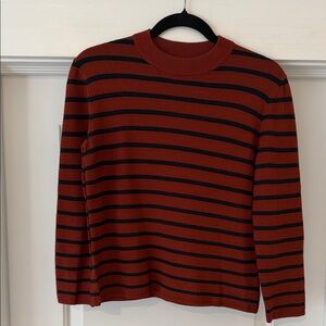 Theory Men's Rust and Black Striped Crewneck Sweater